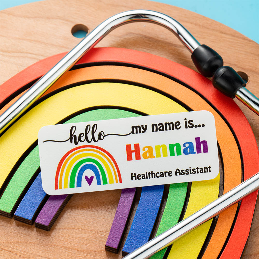 Personalized Name Badge with Rainbow - Magnetic Clip