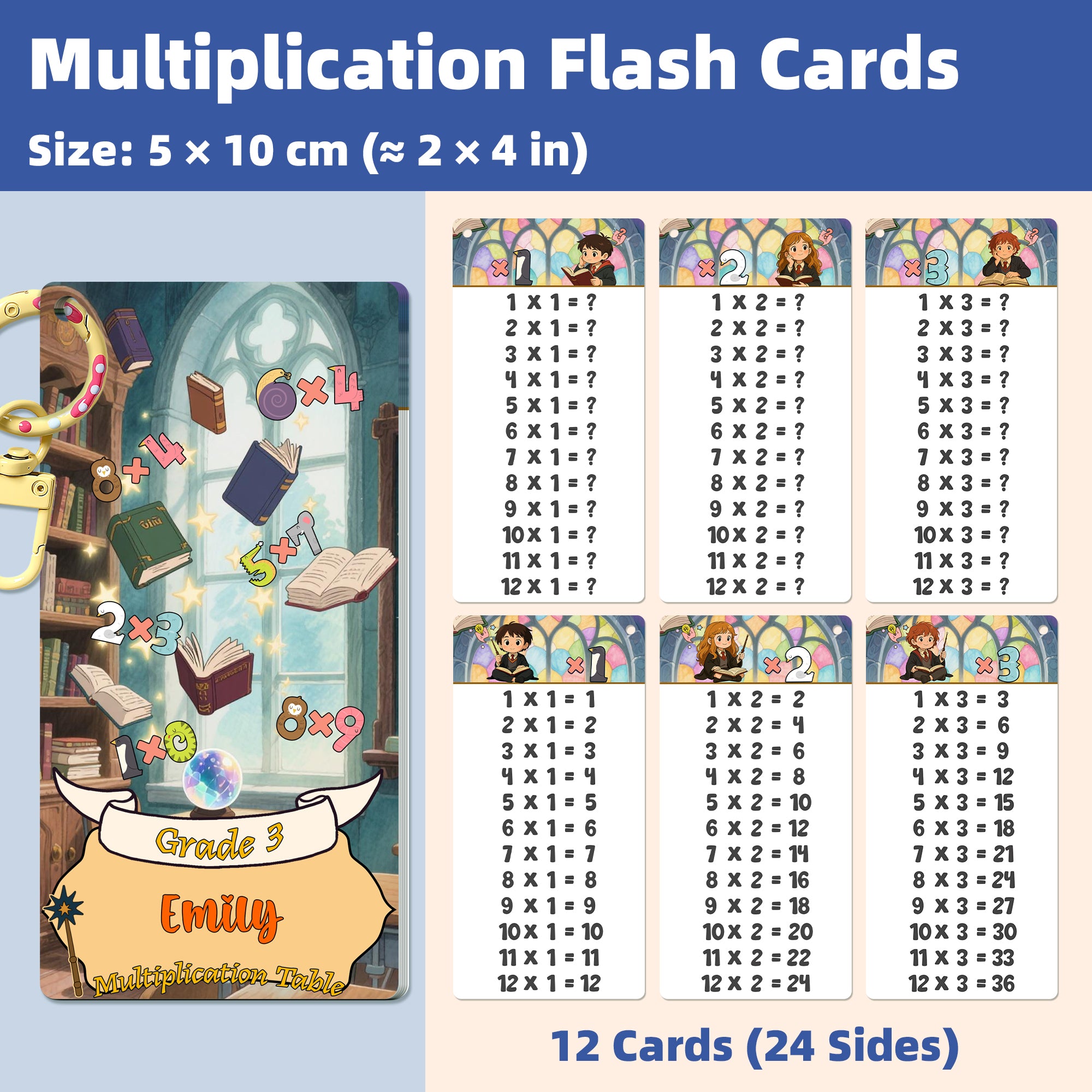 Personalized Magic School Multiplication Flash Cards, Custom Name Math Practice Cards, Times Table Flash Cards, Self-Checking Double-Sided Cards, Educational Gift and Teaching Resources for Kids, Students, Classroom, Homeschool, Birthday or Christmas Gift