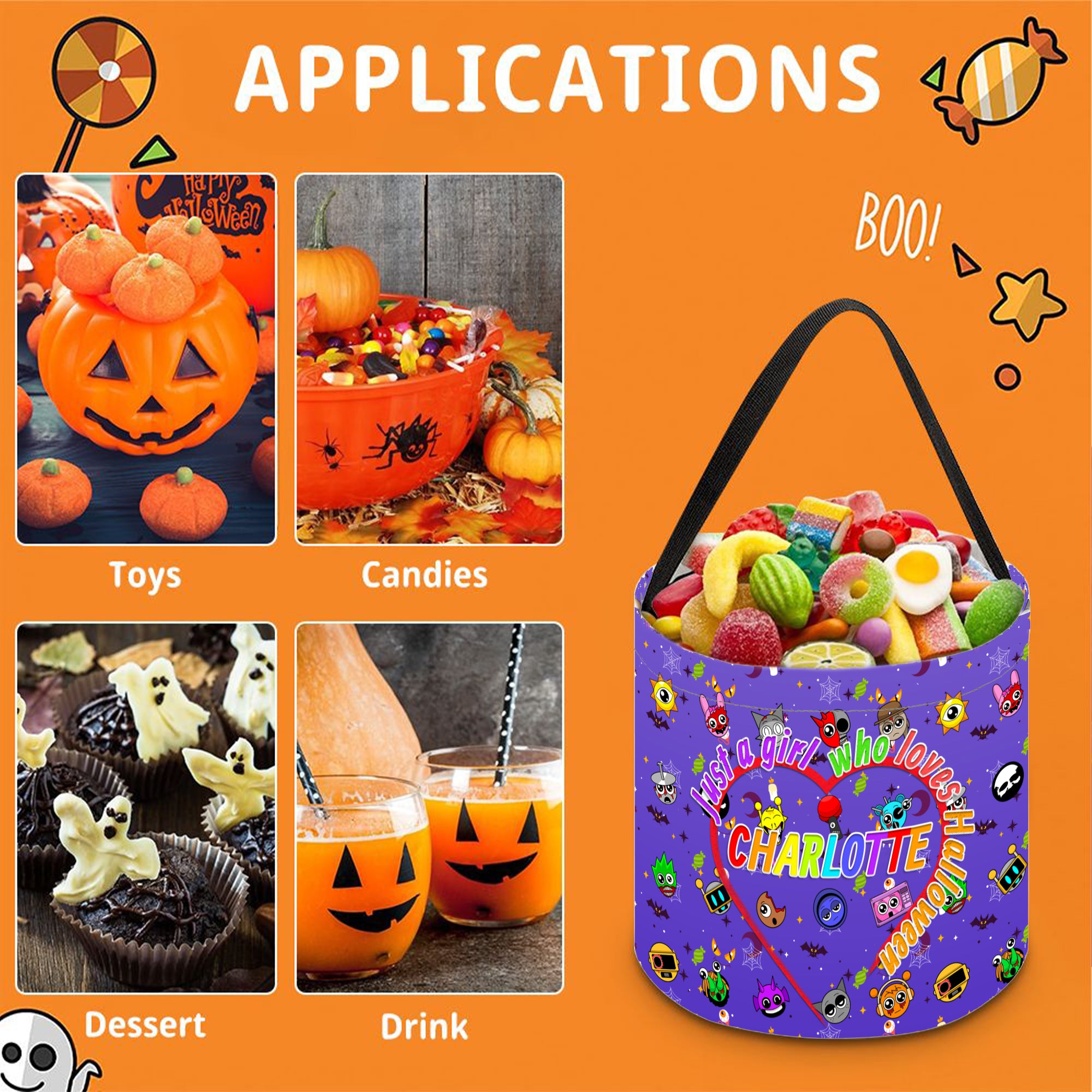 Custom Name Halloween Trick or Treat Bag with Game Characters – Personalized Candy Bag, Halloween Gifts, Gifts for Boys, Girls, Kids, and Game Lovers
