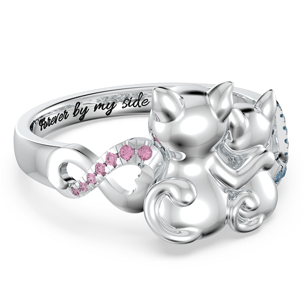 Personalized Couple Cats Ring with Birthstone in Silver