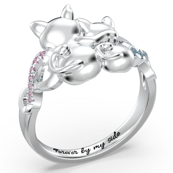 Personalized Couple Cats Ring with Birthstone in Silver