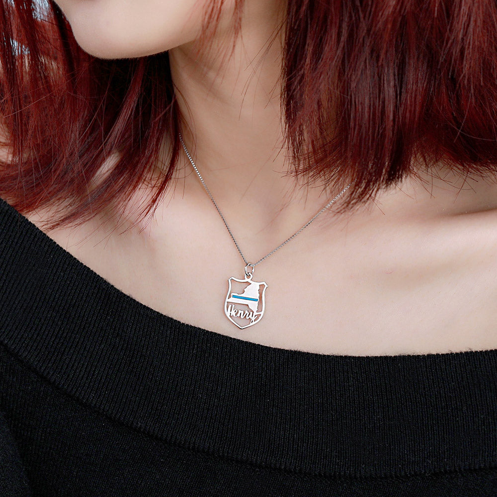 Personalized Police Badge State Map Name Necklace in Silver