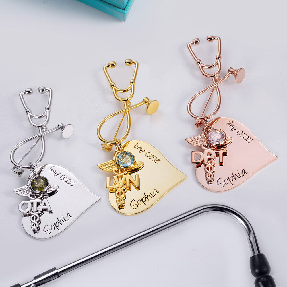 Brass Personalized Heart Stethoscope Nursing Pin for Pinning Ceremony