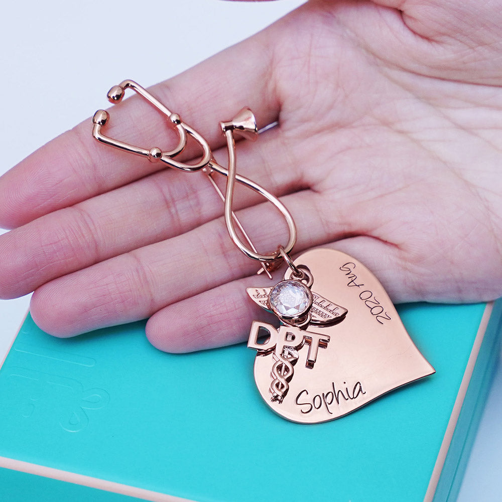 Brass Personalized Heart Stethoscope Nursing Pin for Pinning Ceremony