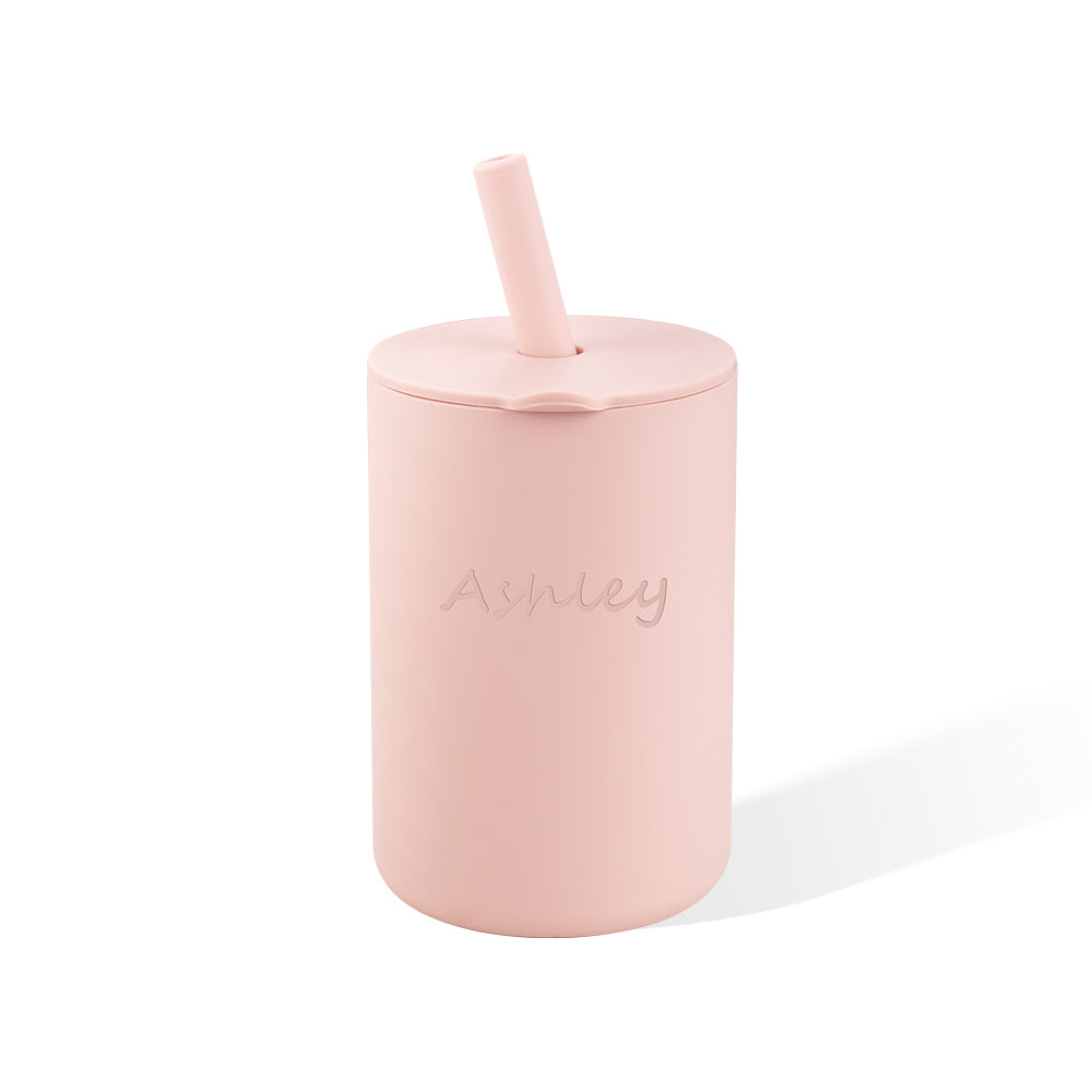 Custom Name Baby Silicone Cups with Straw and Lid, No Spill Training Sippy Cups, Baby and Toddler Gift