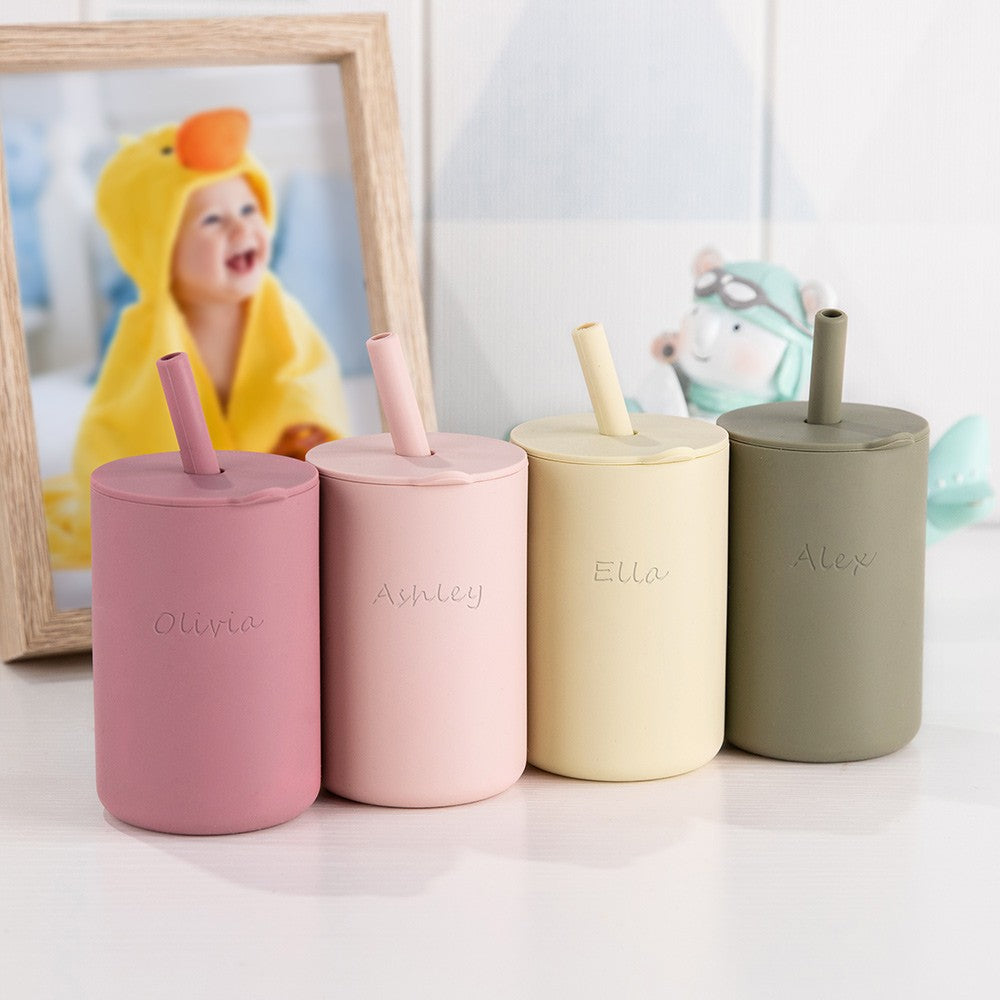 Custom Name Baby Silicone Cups with Straw and Lid, No Spill Training Sippy Cups, Baby and Toddler Gift