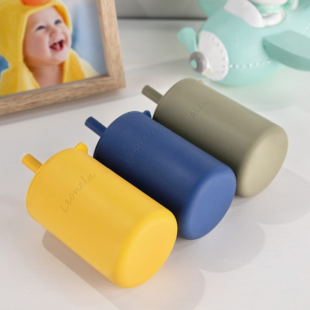 Custom Name Baby Silicone Cups with Straw and Lid, No Spill Training Sippy Cups, Baby and Toddler Gift