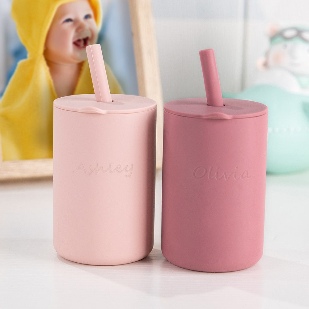 Custom Name Baby Silicone Cups with Straw and Lid, No Spill Training Sippy Cups, Baby and Toddler Gift
