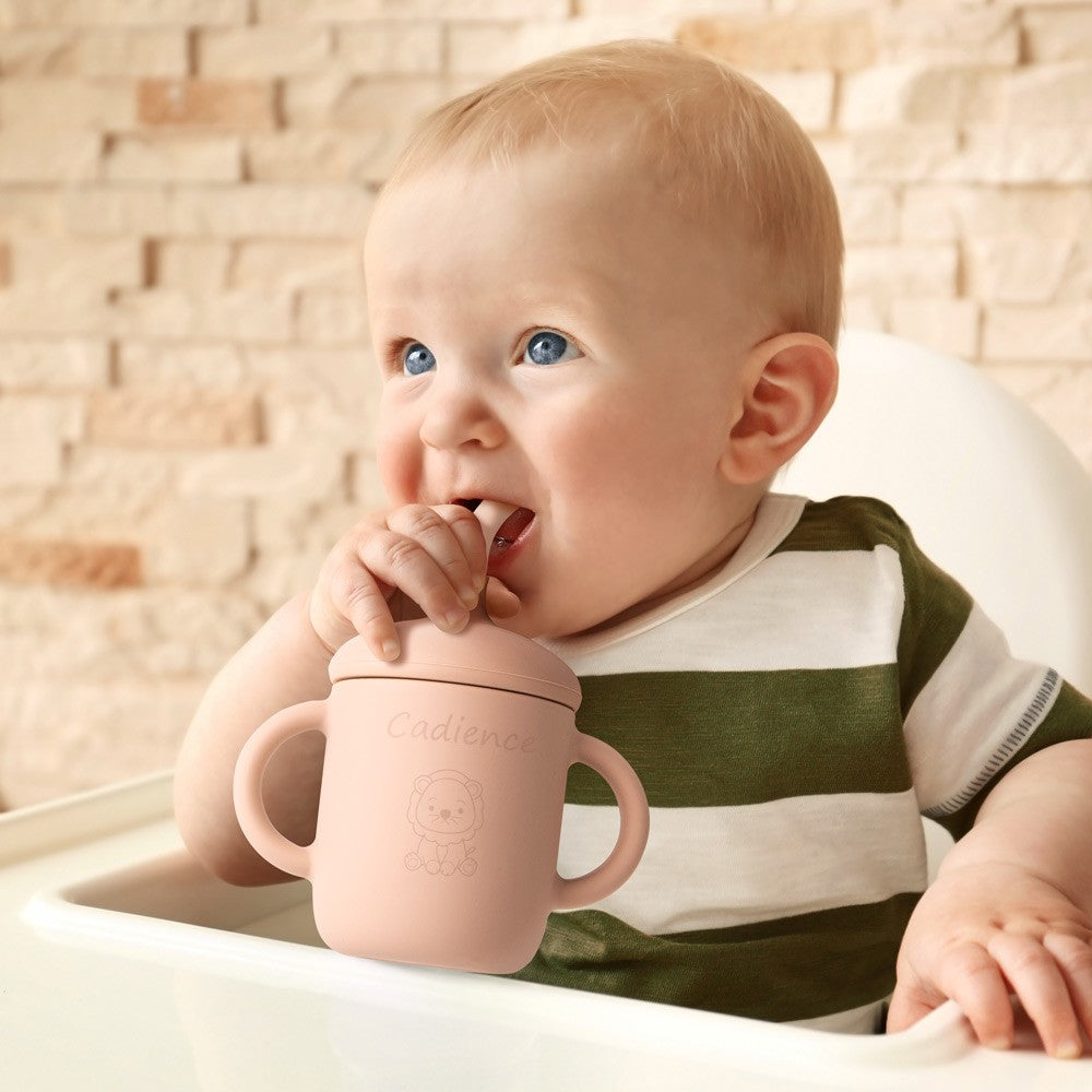 Custom Baby Edible Silicone Animal Cup, 6 fl oz Baby  Cup with Lid and Straw, Baby and Toddler Gift, Use on Babies over 6 Months
