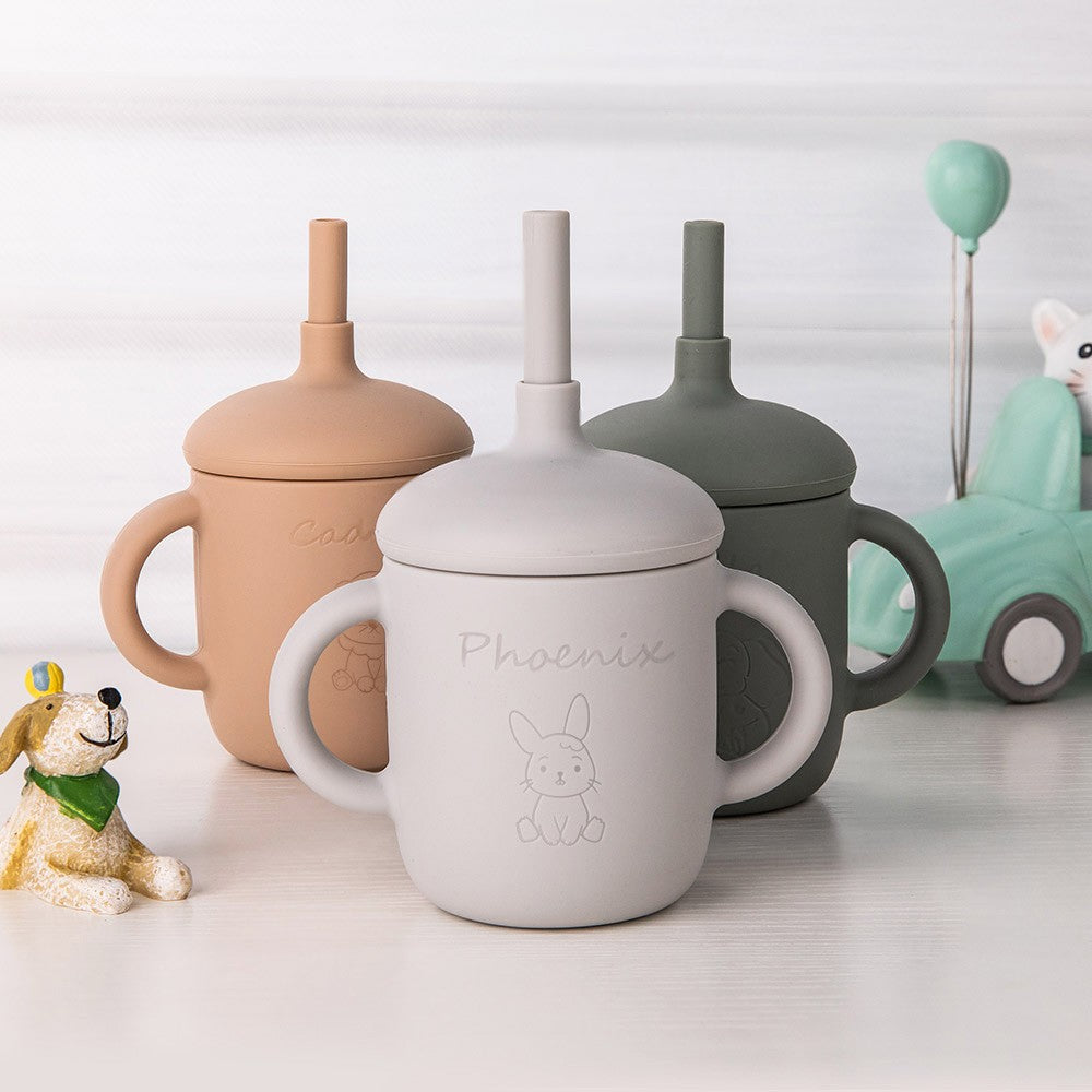 Custom Baby Edible Silicone Animal Cup, 6 fl oz Baby  Cup with Lid and Straw, Baby and Toddler Gift, Use on Babies over 6 Months