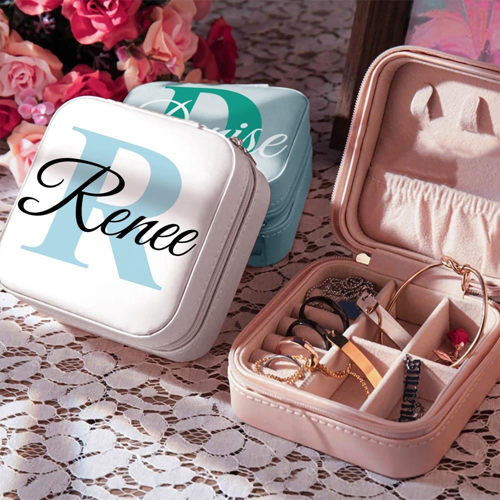 Custom Jewelry Box with Name & Initial, Portable Jewelry Box, Vegan Leather Jewelry Travel Case Organizer Box, Gift for Women