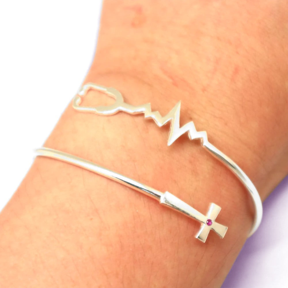 Nursing Stethoscope Cross Bracelet, Sterling Silver 925 Cross Bracelet with Birthstone, Nurse Inspirational Jewelry, Gift for Christian/Mom/Daughter