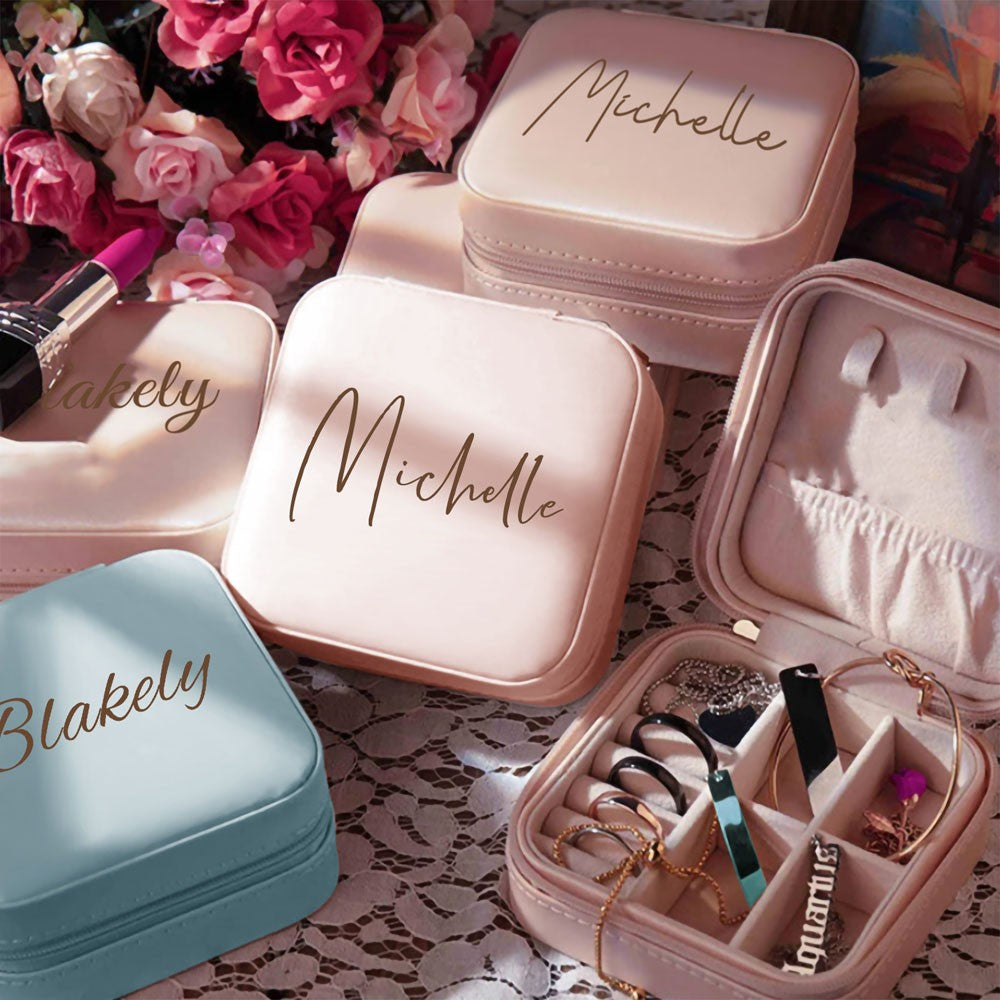 Custom Name Jewelry Box, Vegan Leather Jewelry Travel Case Organizer Box, Birthday/Wedding/Bachelorette Party Gift for Mother/Wife/Bridesmaids