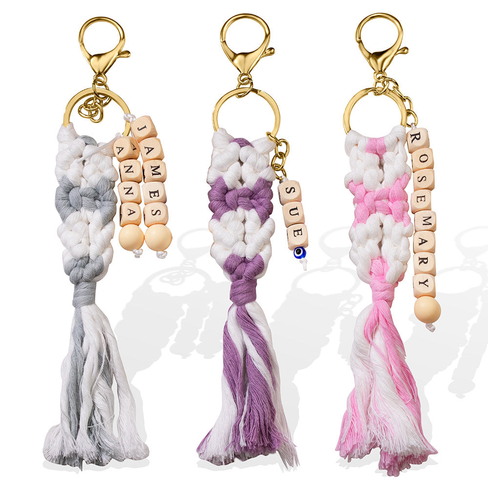Personalized Macrame Keychain with Names, Handmade Beaded Charm with Tassels for Purse/Bag/Car/Keyring, Birthday/Christmas Gift for Women/Girls