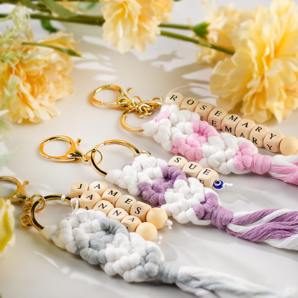 Personalized Macrame Keychain with Names, Handmade Beaded Charm with Tassels for Purse/Bag/Car/Keyring, Birthday/Christmas Gift for Women/Girls