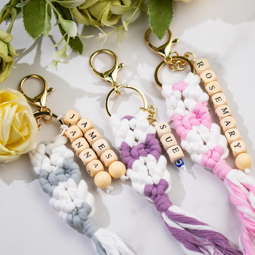 Personalized Macrame Keychain with Names, Handmade Beaded Charm with Tassels for Purse/Bag/Car/Keyring, Birthday/Christmas Gift for Women/Girls