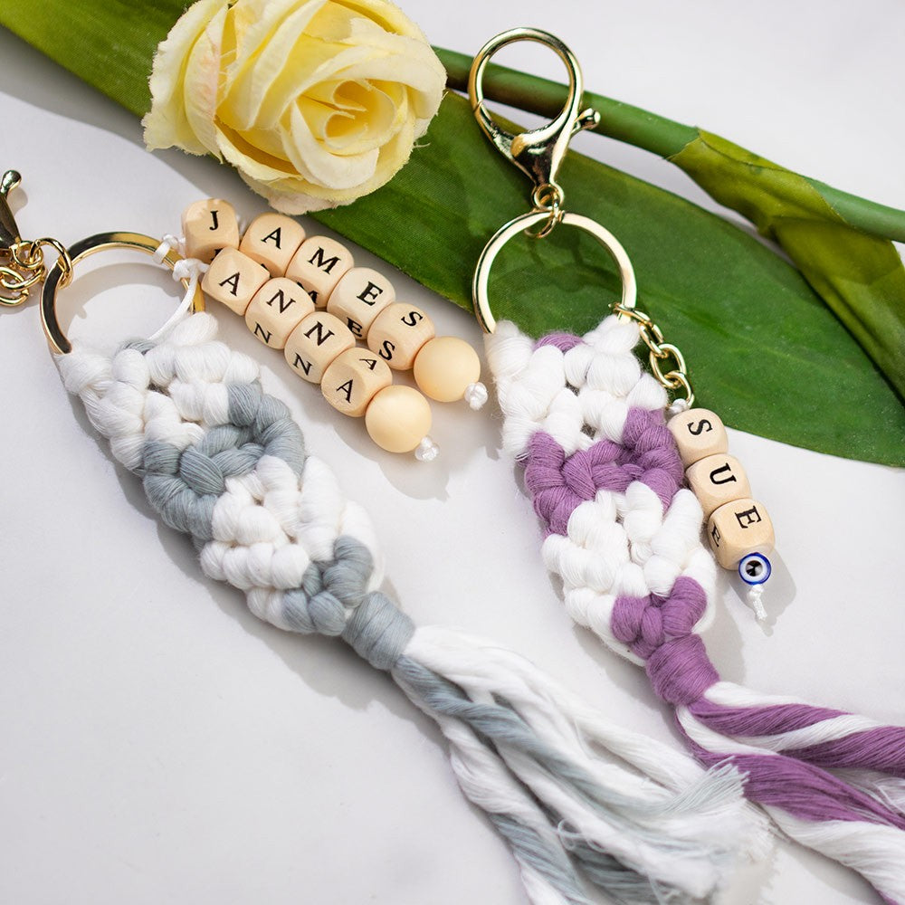 Personalized Macrame Keychain with Names, Handmade Beaded Charm with Tassels for Purse/Bag/Car/Keyring, Birthday/Christmas Gift for Women/Girls