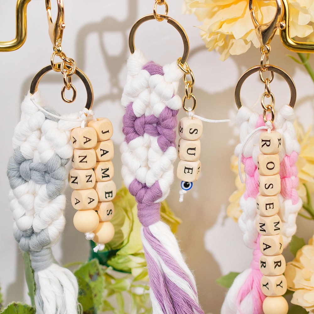 Personalized Macrame Keychain with Names, Handmade Beaded Charm with Tassels for Purse/Bag/Car/Keyring, Birthday/Christmas Gift for Women/Girls
