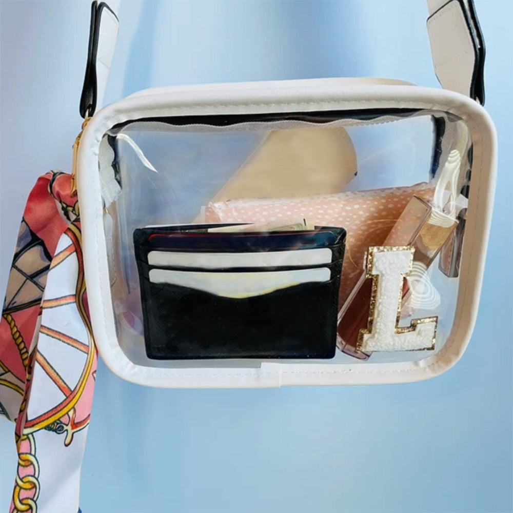 Personalized Clear Bag with Chenille Letters, Clear Crossbody Bag, Stadium Approved, Stadium/Concerts/Festivals/Gameday Bag, Gifts for Besties/Friends