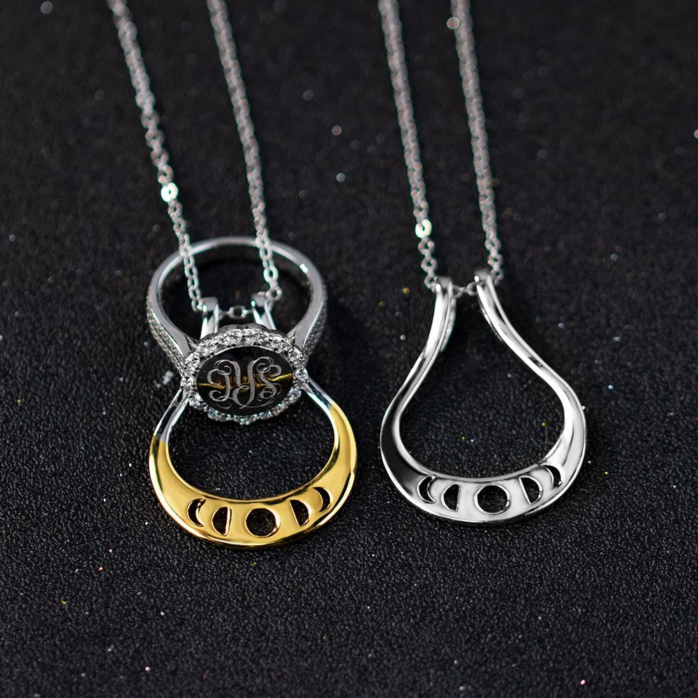 Moon Phases Ring Holder Necklace, Brass  Crescent Moon Neckchain, Wedding & Engagement Ring Keeper Necklace, Gift for Wife/Women/Mother/Daughter