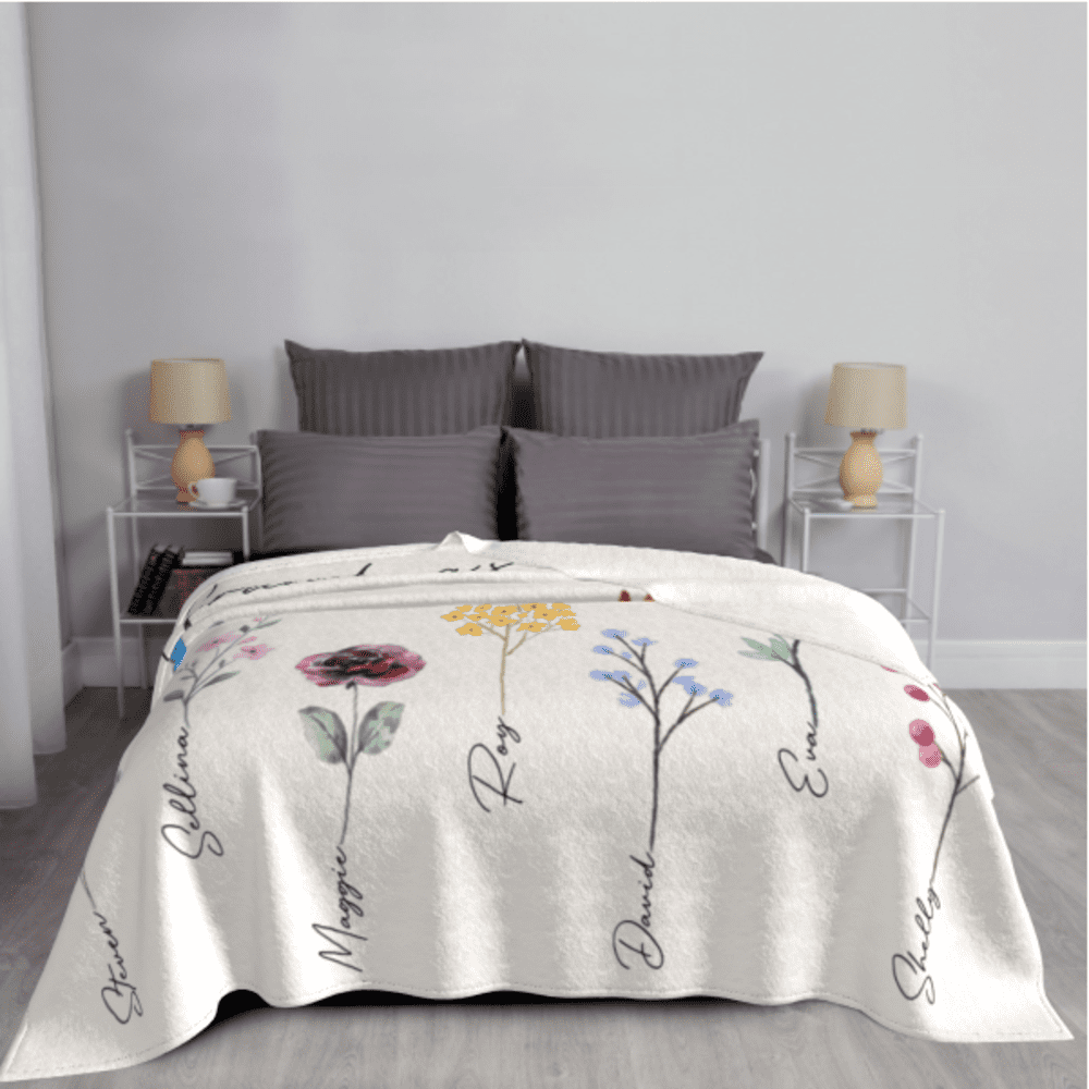 Size:60''X50''(150X125CM)/Personalized Grandma’s Garden Blanket with Birth Month Flowers and Grandkids Names, Custom Blankets, Flannel Blankets, Machine Washable, Skin-Friendly