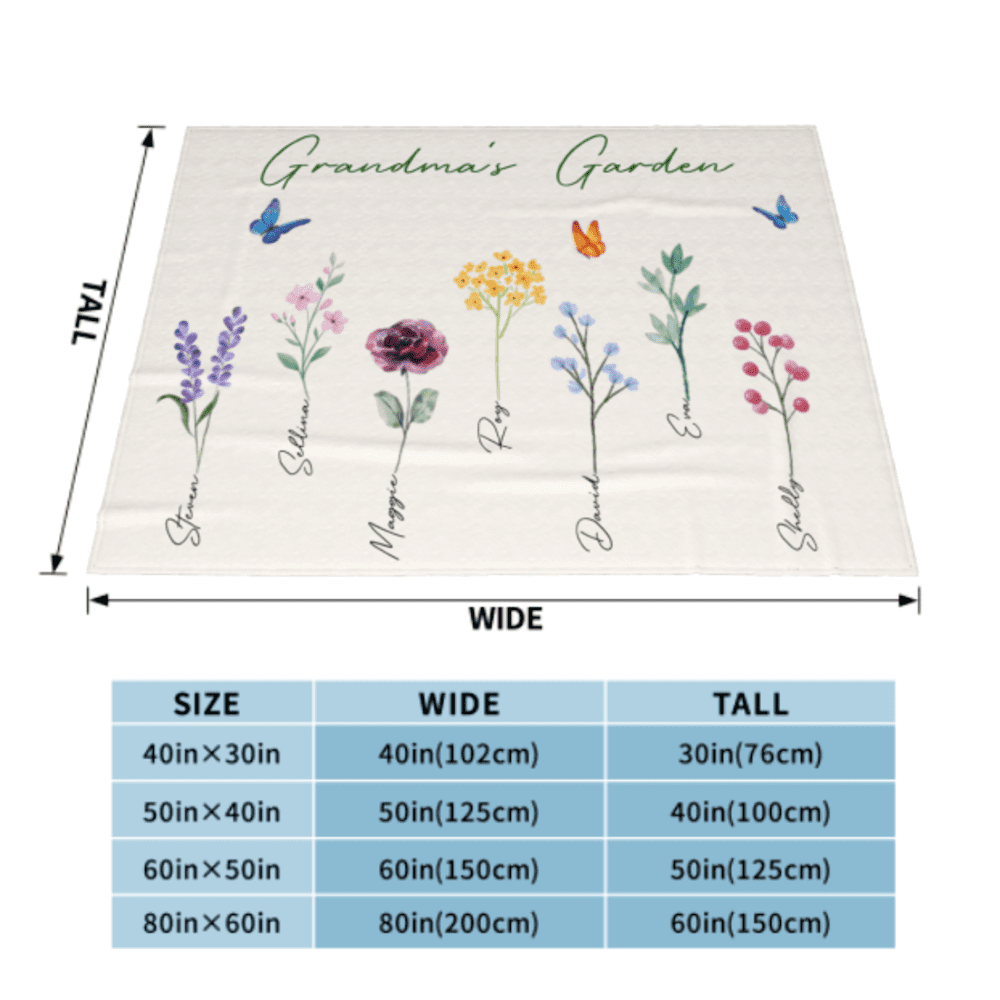 Size:60''X50''(150X125CM)/Personalized Grandma’s Garden Blanket with Birth Month Flowers and Grandkids Names, Custom Blankets, Flannel Blankets, Machine Washable, Skin-Friendly
