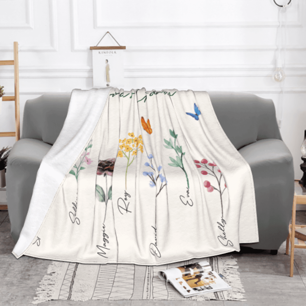 Size:50''X40''(125X100CM))/Personalized Grandma’s Garden Blanket with Birth Month Flowers and Grandkids Names, Custom Blankets, Flannel Blankets, Machine Washable, Skin-Friendly