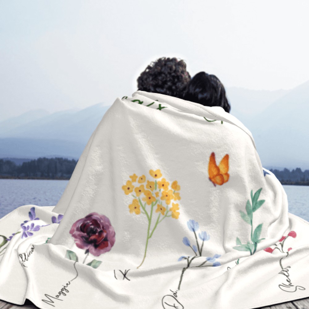 Size:50''X40''(125X100CM))/Personalized Grandma’s Garden Blanket with Birth Month Flowers and Grandkids Names, Custom Blankets, Flannel Blankets, Machine Washable, Skin-Friendly