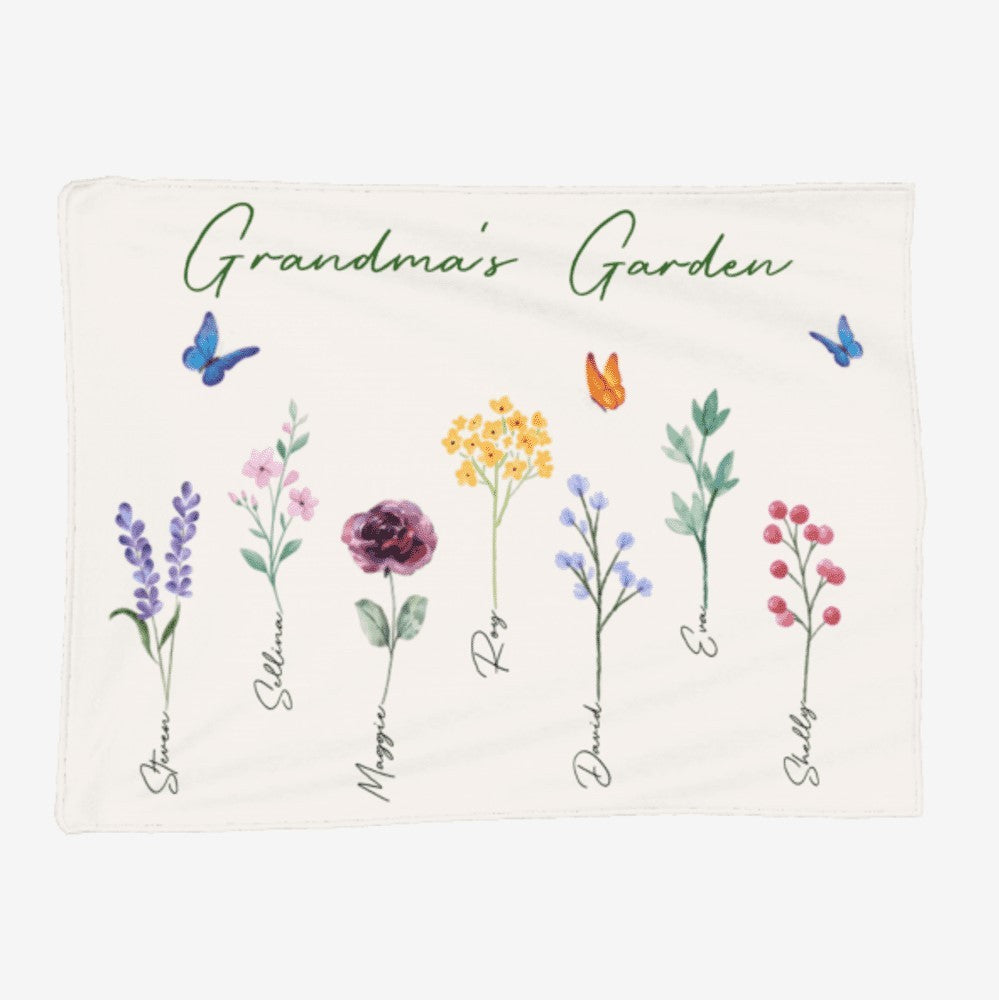 Size:80''X60''(200X150CM)/Personalized Grandma’s Garden Blanket with Birth Month Flowers and Grandkids Names, Custom Blankets, Flannel Blankets, Machine Washable, Skin-Friendly