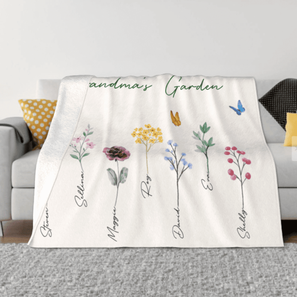 Size:40''X30''(100X75CM)/Personalized Grandma’s Garden Blanket with Birth Month Flowers and Grandkids Names, Custom Blankets, Flannel Blankets, Machine Washable, Skin-Friendly