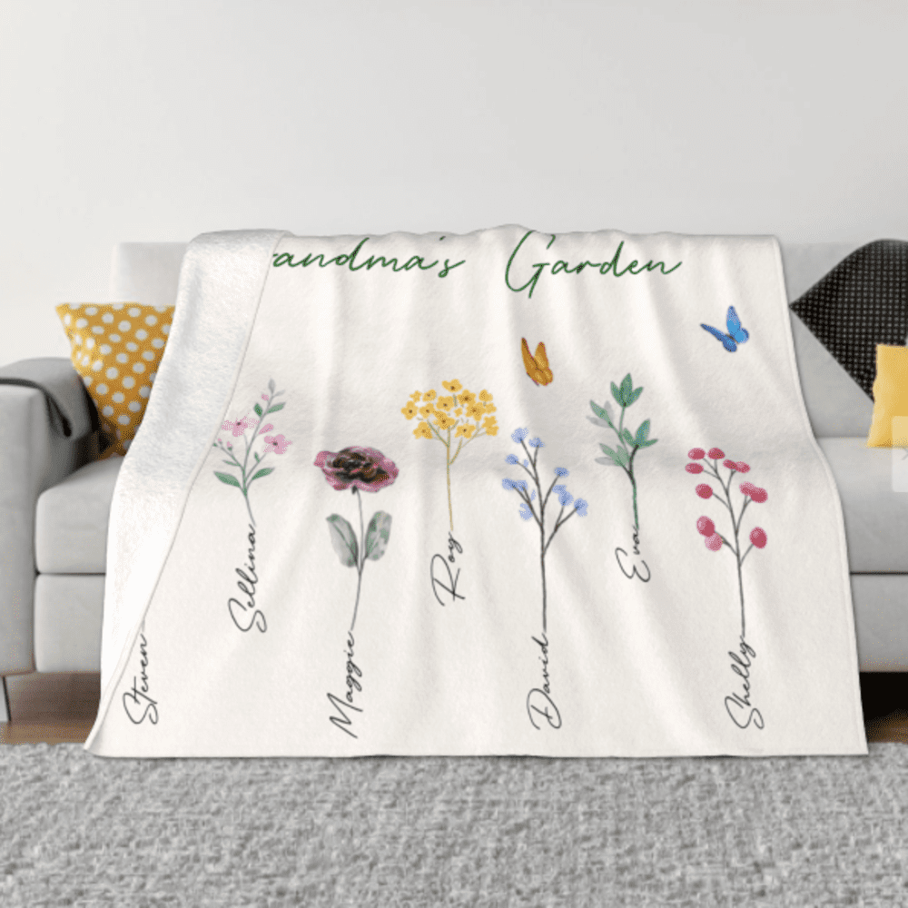 Size:60''X50''(150X125CM)/Personalized Grandma’s Garden Blanket with Birth Month Flowers and Grandkids Names, Custom Blankets, Flannel Blankets, Machine Washable, Skin-Friendly