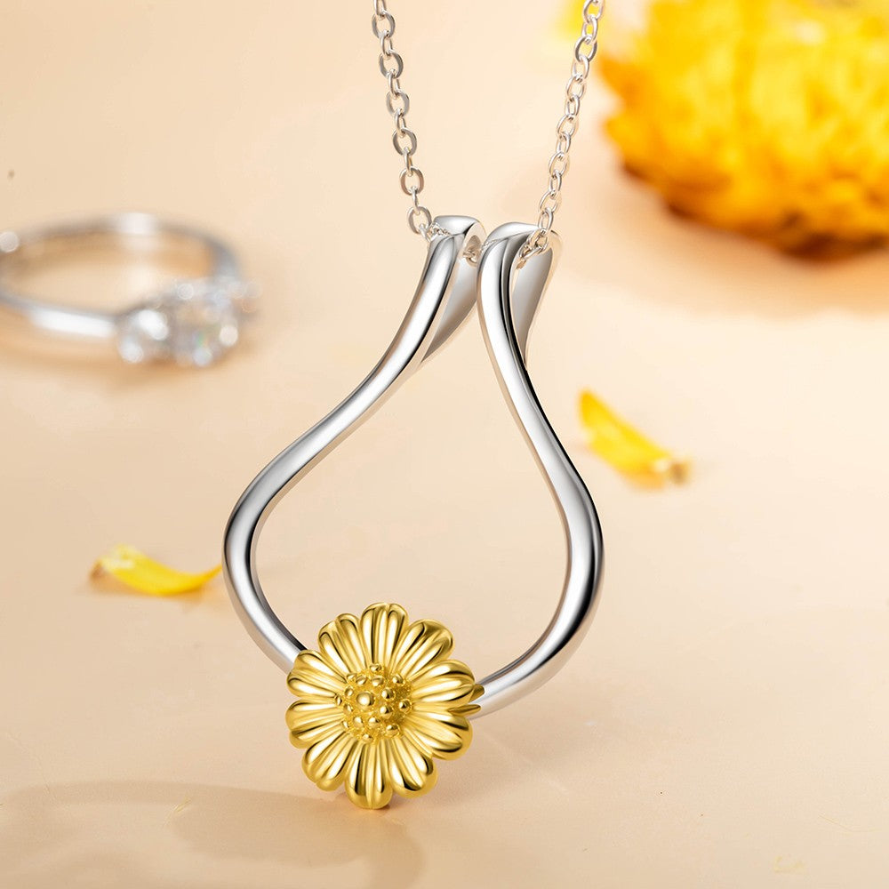Brass Necklace, Ring Holder Necklace,  Ring Keeper with Sunflower, Engagement Wedding Ring Necklace Holder, Gift for Wife Girlfriend