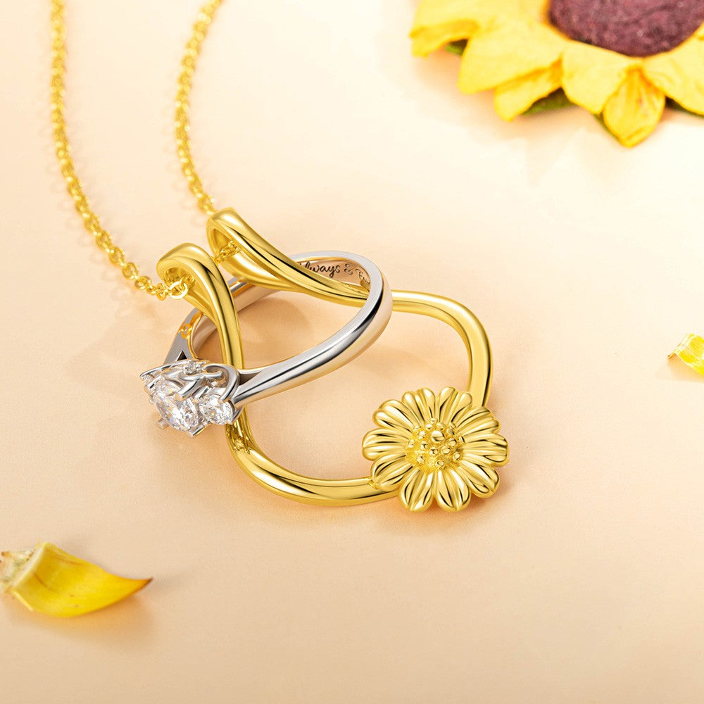 Brass Necklace, Ring Holder Necklace,  Ring Keeper with Sunflower, Engagement Wedding Ring Necklace Holder, Gift for Wife Girlfriend