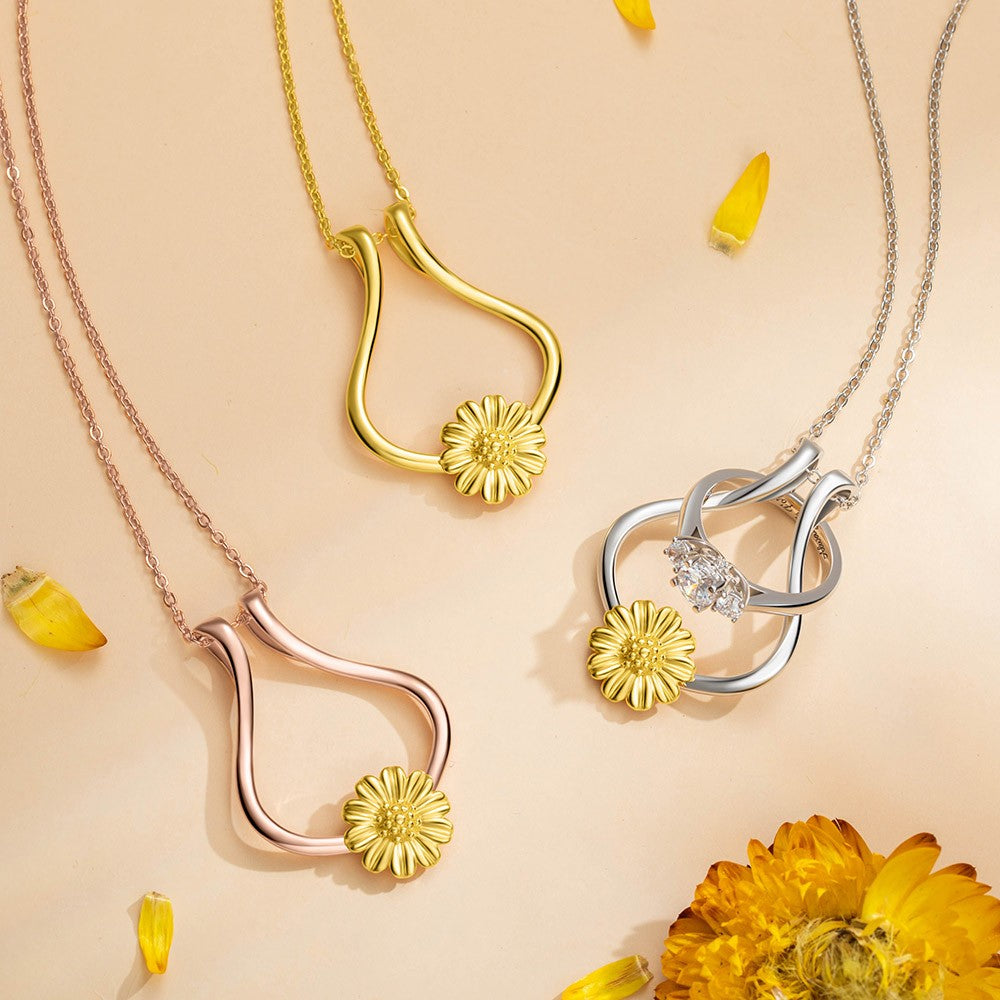Brass Necklace, Ring Holder Necklace,  Ring Keeper with Sunflower, Engagement Wedding Ring Necklace Holder, Gift for Wife Girlfriend