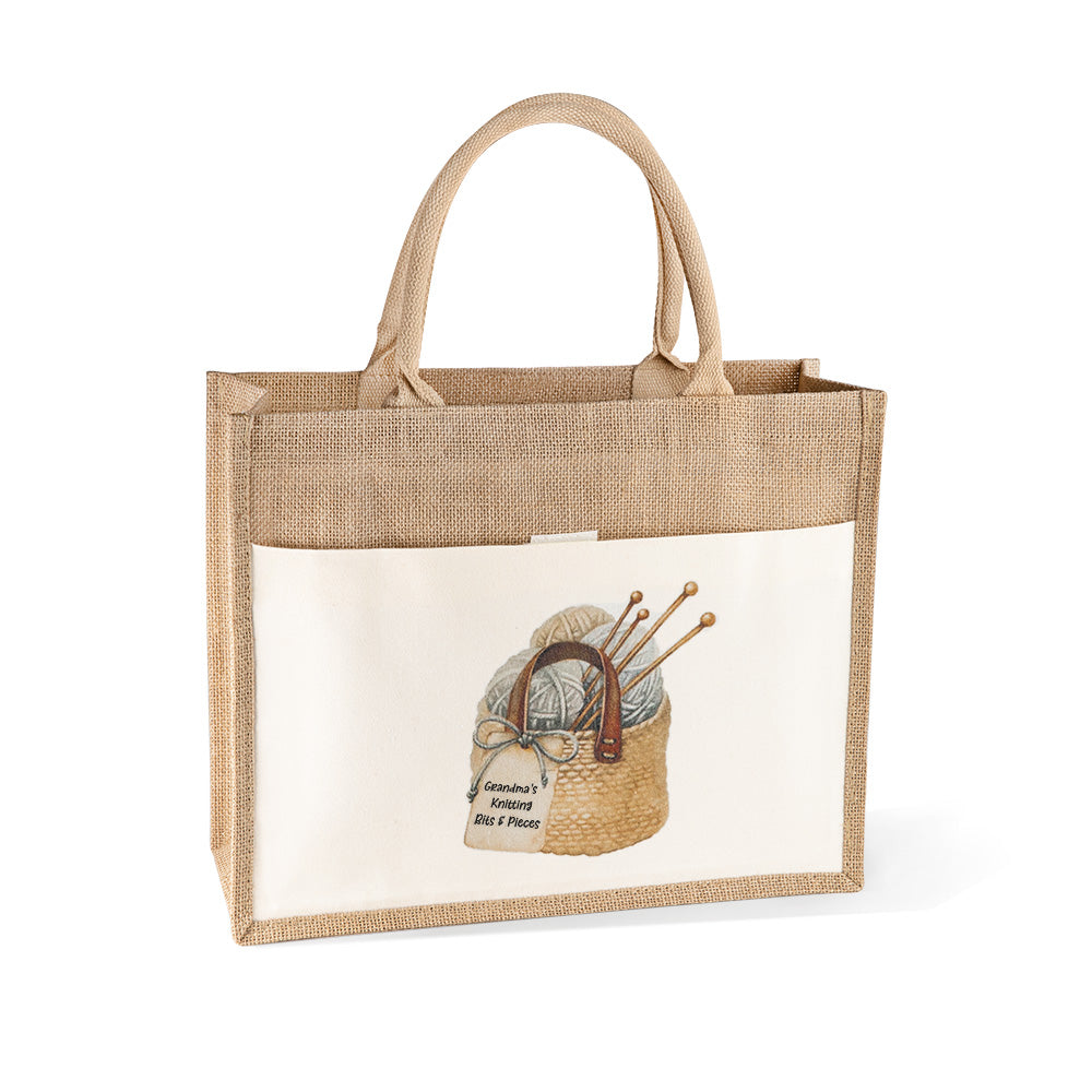 Personalized Knitting Jute Bag, Tote Bag, Large Knitting Bag, Lunch Bag, Knitting Storage, Knitter Gift, Gift for Mom/Grandma/Knitting Lovers