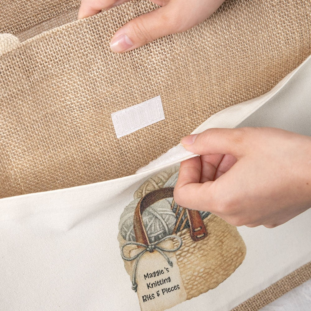 Personalized Knitting Jute Bag, Tote Bag, Large Knitting Bag, Lunch Bag, Knitting Storage, Knitter Gift, Gift for Mom/Grandma/Knitting Lovers