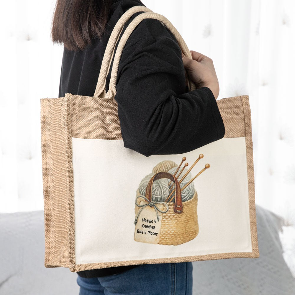 Personalized Knitting Jute Bag, Tote Bag, Large Knitting Bag, Lunch Bag, Knitting Storage, Knitter Gift, Gift for Mom/Grandma/Knitting Lovers