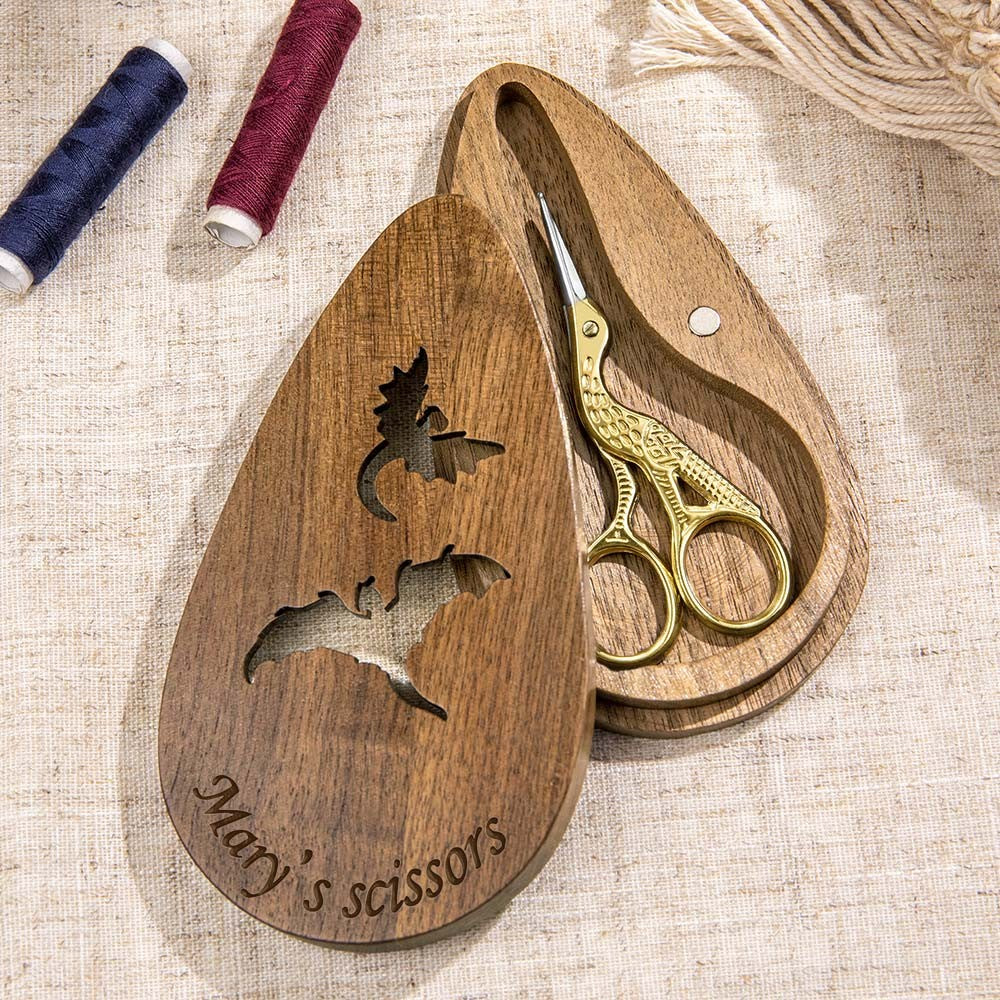 Custom European/Stork Style Scissor with Engraved Wood Magnetic Box, Vintage Art Embroidery Scissors, Needlework Small Sewing Scissors, Gift for Women