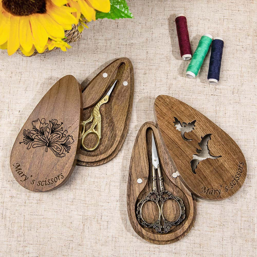 Custom European/Stork Style Scissor with Engraved Wood Magnetic Box, Vintage Art Embroidery Scissors, Needlework Small Sewing Scissors, Gift for Women