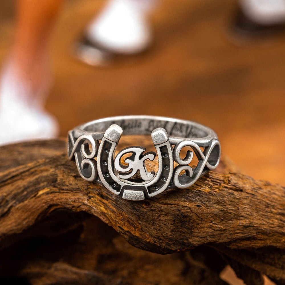 Brass Custom Initial Horseshoe Ring with Inner Band Engraving, Brass Horse Jewelry, Birthday/Graduation/Mother's Day Gift for Family/Friends