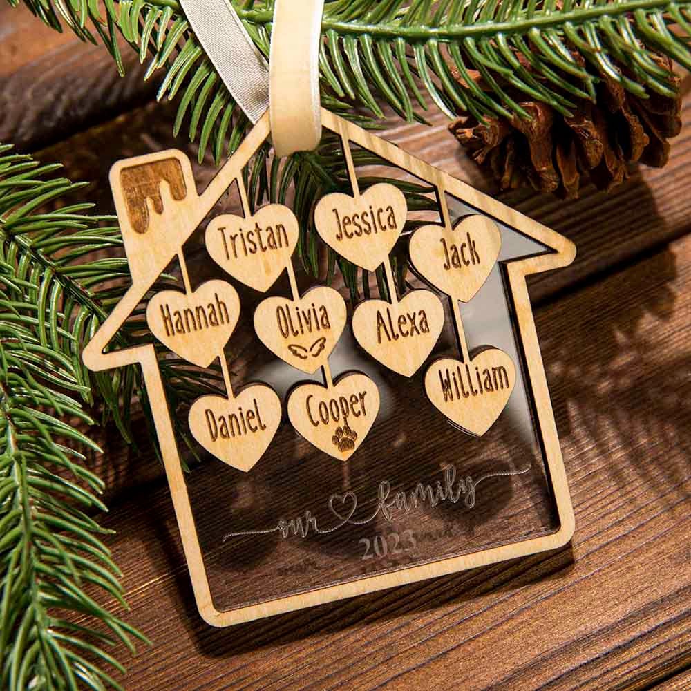 Personalized 1-9 Family Member Names Love House Ornament, Wooden Acrylic Sibling Ornament, Christmas/Housewarming Gift for Family/Friends/Lover