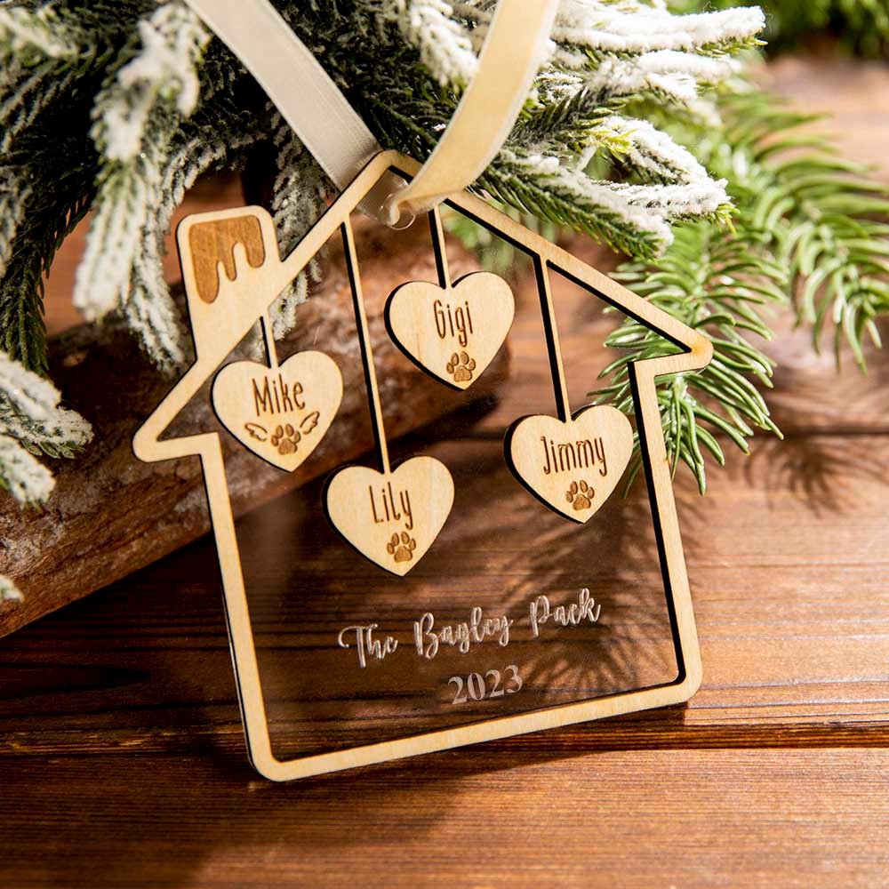 Personalized 1-9 Family Member Names Love House Ornament, Wooden Acrylic Sibling Ornament, Christmas/Housewarming Gift for Family/Friends/Lover