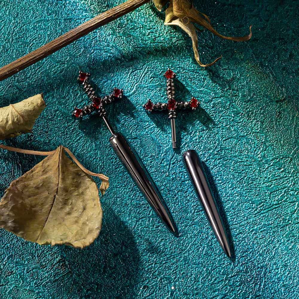 Brass Earring, Custom Birthstone Sword Earrings, Punk Dagger Earrings, Stainless Steel Earrings, Gothic Jewelry for Women/Men, Illusion Earrings, Sword Ear Jacket