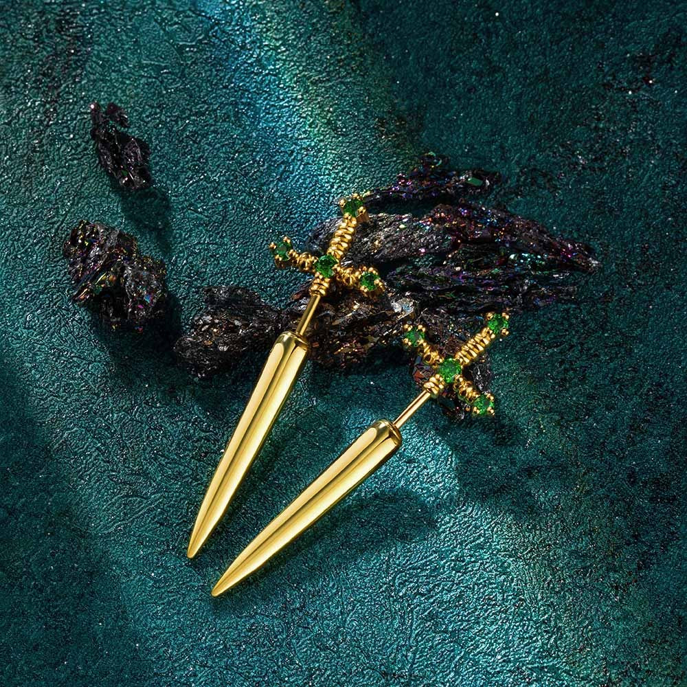 Brass Earring, Custom Birthstone Sword Earrings, Punk Dagger Earrings, Stainless Steel Earrings, Gothic Jewelry for Women/Men, Illusion Earrings, Sword Ear Jacket