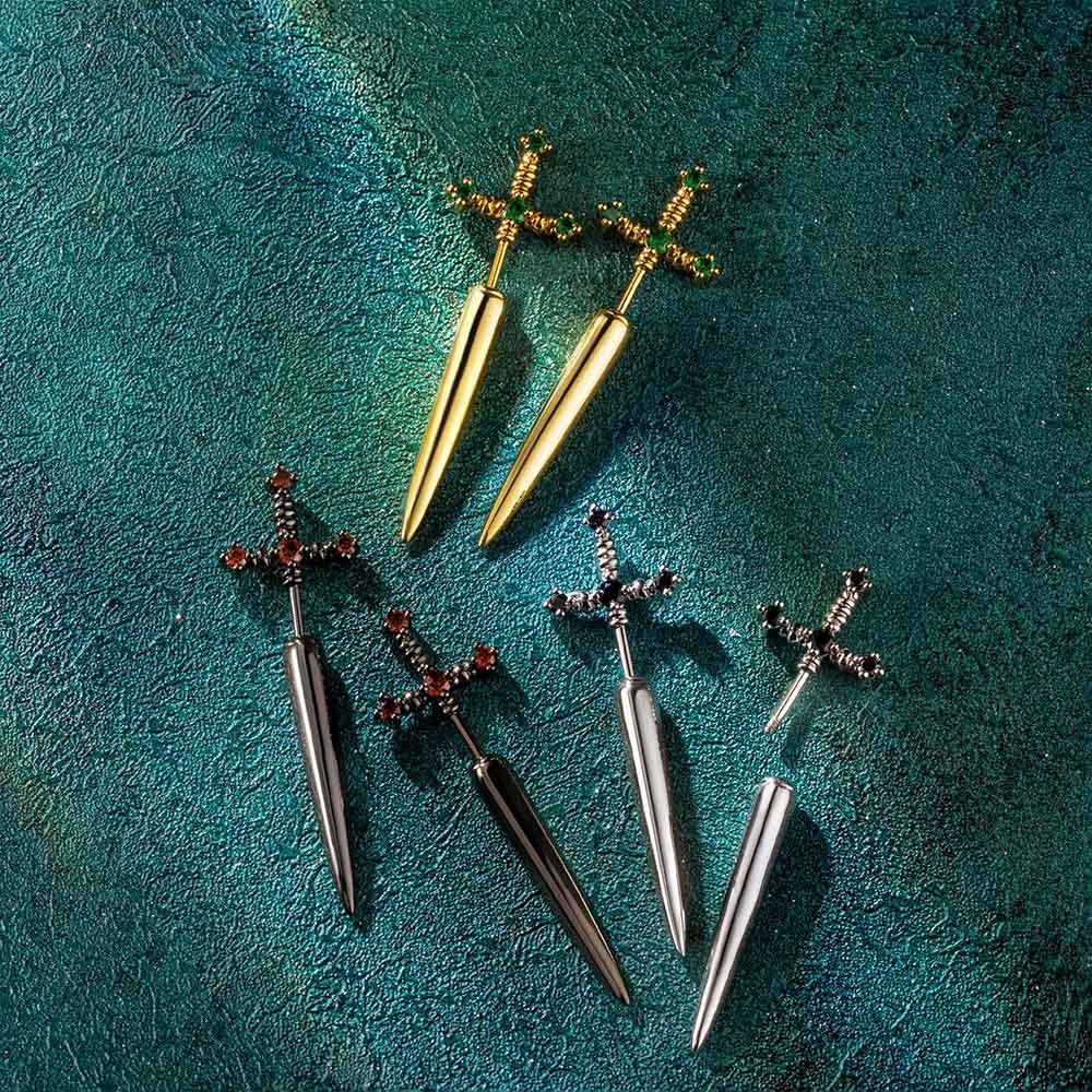 Brass Earring, Custom Birthstone Sword Earrings, Punk Dagger Earrings, Stainless Steel Earrings, Gothic Jewelry for Women/Men, Illusion Earrings, Sword Ear Jacket