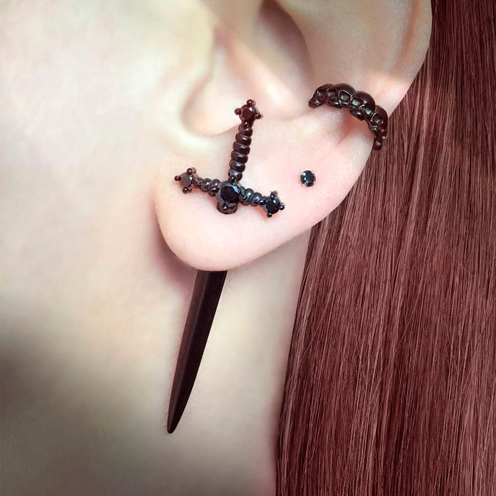 Brass Earring, Custom Birthstone Sword Earrings, Punk Dagger Earrings, Stainless Steel Earrings, Gothic Jewelry for Women/Men, Illusion Earrings, Sword Ear Jacket