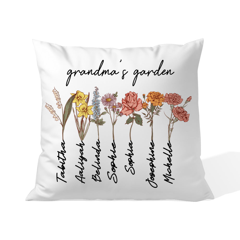 Custom Grandma's Garden Pillow Cover with Grandkids Names, Personalized Birthflower Pillowcase, World's Grandma Gifts,  Family Name Pillowcase