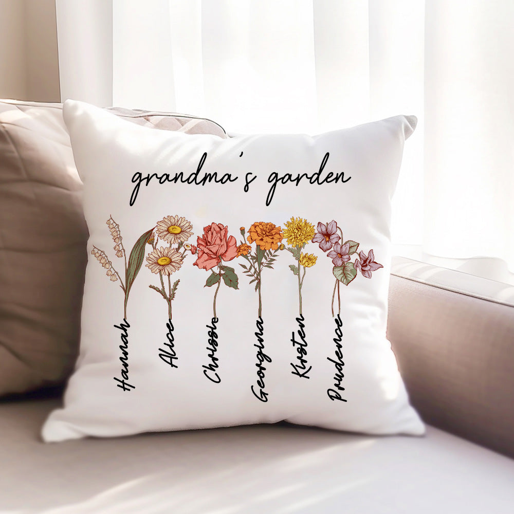Custom Grandma's Garden Pillow Cover with Grandkids Names, Personalized Birthflower Pillowcase, World's Grandma Gifts,  Family Name Pillowcase
