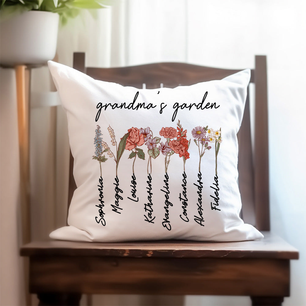 Custom Grandma's Garden Pillow Cover with Grandkids Names, Personalized Birthflower Pillowcase, World's Grandma Gifts,  Family Name Pillowcase