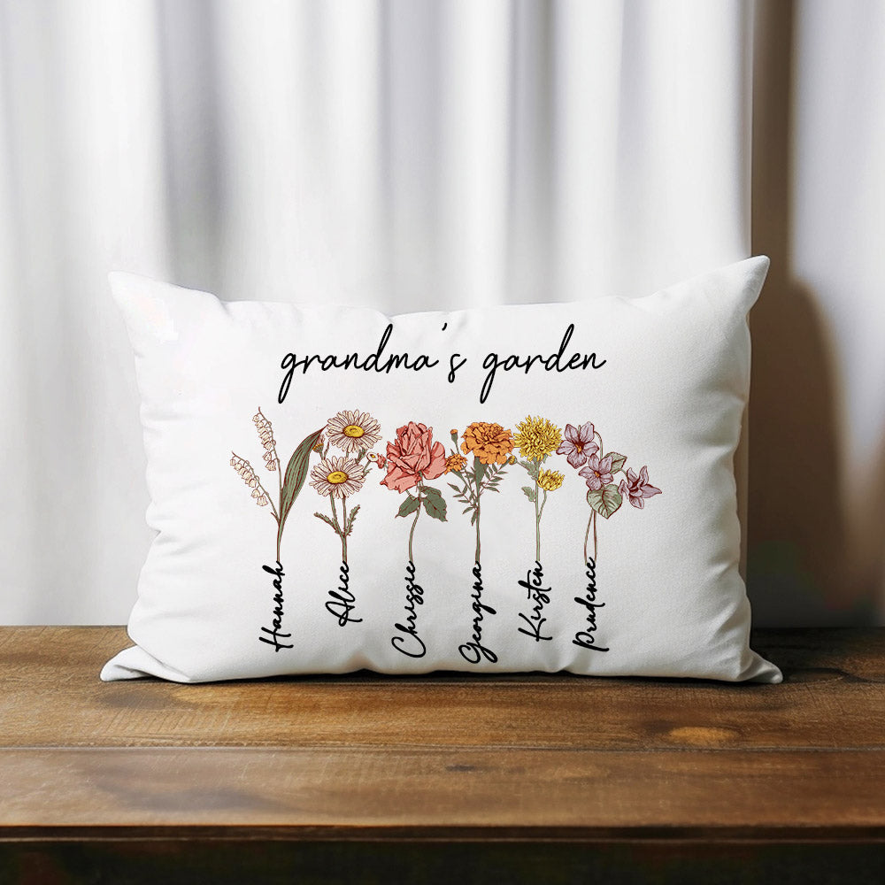 Custom Grandma's Garden Pillow Cover with Grandkids Names, Personalized Birthflower Pillowcase, World's Best Grandma Gifts,  Family Name Pillowcase